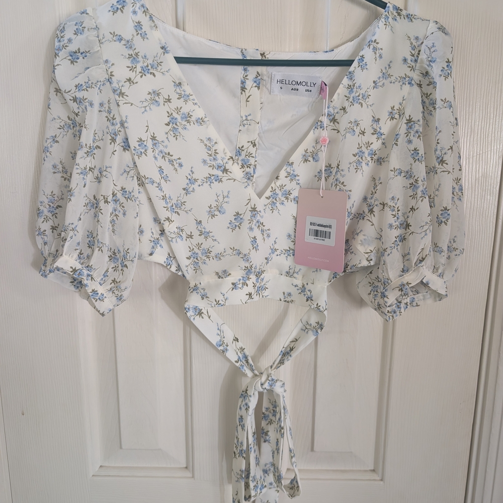 Hello Molly White & Blue Floral Tie-Back Puff Sleeve Crop Top